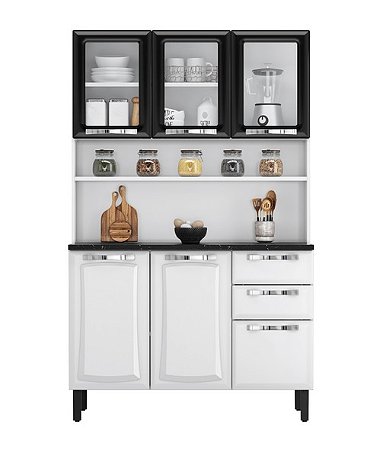 Armario Kit Cozinha Itatiaia Aço 120 Pratika Vidro Preto