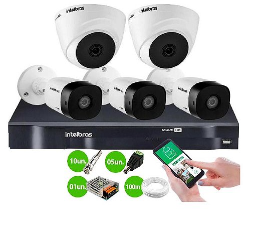 Kit Intelbras 05 Câmeras Full Color 720p VHL 1220 B + DVR MHDX 2108 Intelbras com HD 500MB + Acessórios