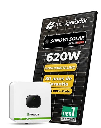 Kit Energia Solar Ongrid 500kWh Mês 3,72kWp 6 Painel Sunova 620W Inversor Growatt 3kW X2 220V 1MPPT