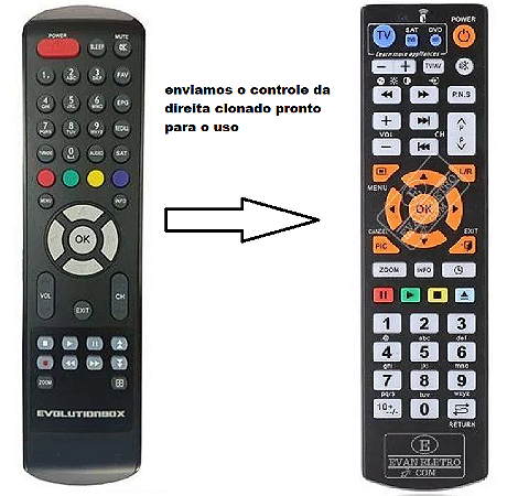 Controle Remoto clonado para receptor Evolutionbox Ev 95 HD / EV-2015 Iptv / EV-HD 95 Slim / EV-HD 190C / EV-960RJ