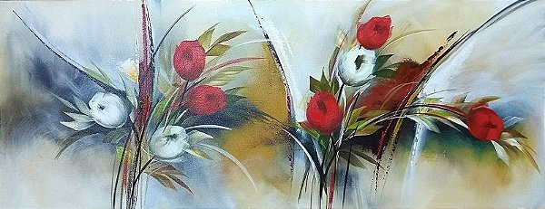 Pintura\Quadro\Tela Floral e Abstrato com tulipas vermelhas e brancas  50 x 130 cm.