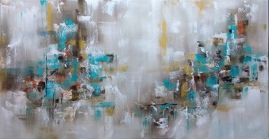 Pintura\Quadro\ Tela Abstrata em tons de branco, sépia, verde turquesa e dourado. 80 x 150 cm.