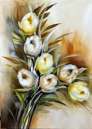 Pintura\Quadro\ Tela Floral galho tutipas brancas 70 x 50 cm.