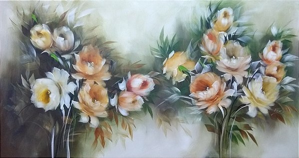 Pintura\Quadro\ Tela Floral com buquê de rosas em tons pastéis 70 x 130 cm.