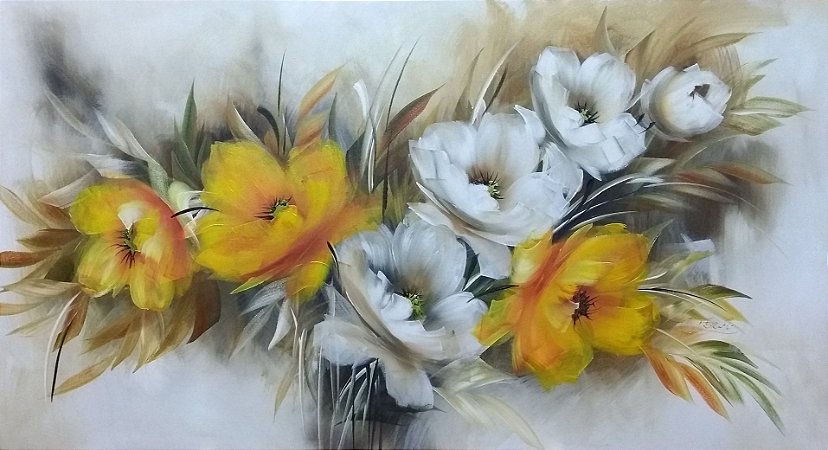 Produto\Quadro\Tela Floral com papoulas amarelas e brancas  70 x 130 cm