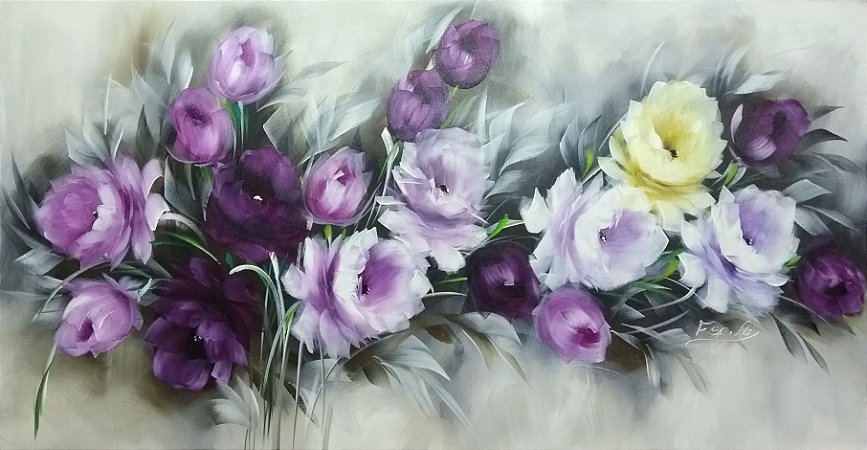 Pintura\Quadro\Tela Floral com rosas violeta e lilás 80 x 150 cm.