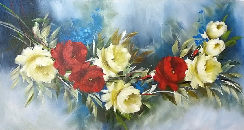 Pintura/Quadro/Tela floral com galho de rosas brancas e vermelhas com detalhes em azul. 70x130cm