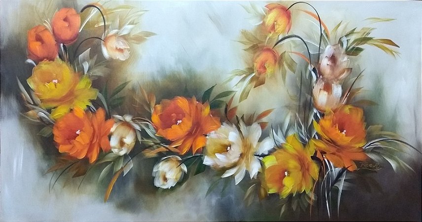 Pintura/Quadro/Tela floral, galho de rosas coloridas, laranja, amarelas e brancas. 70x130cm