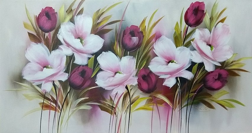 Pintura/Quadro/Tela floral. Campo de Papoulas Brancas, com tulipas magenta. 70x130cm