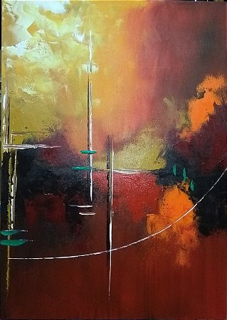 Pintura,Quadro,Tela Abstrata vermelha e amarela com  detalhes coloridos. 70x50 cm