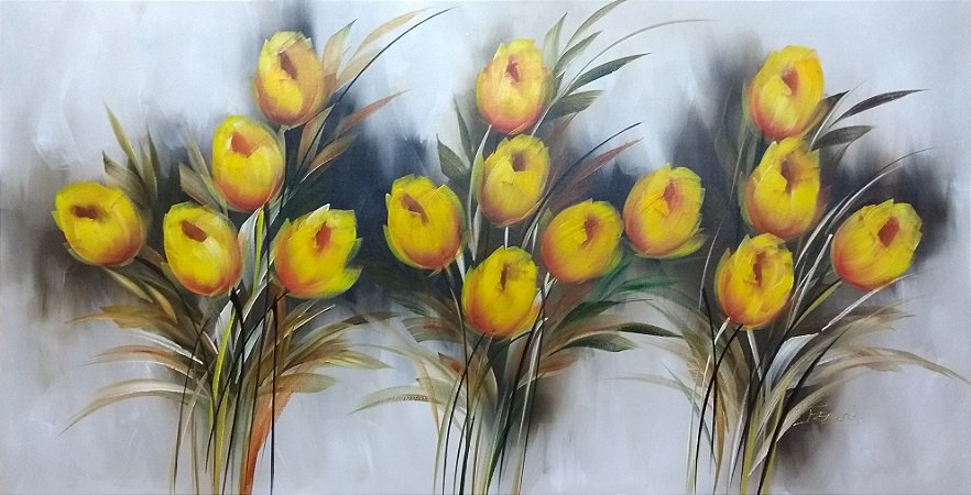 Pintura/Quadro/Tela floral, campo de tulipas amarelas, 80x150cm