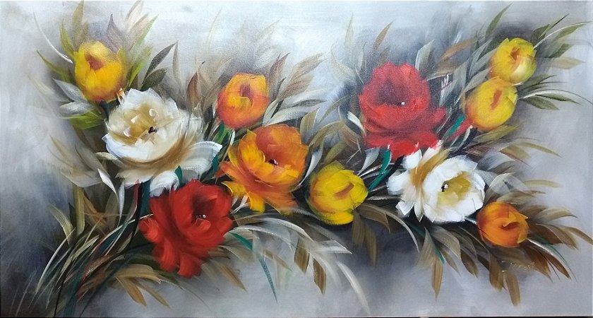Pintura/Quadro/Tela floral com galho de rosas coloridas. 80x150cm