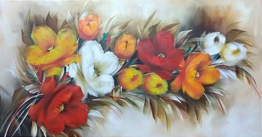 Pintura\Quadro\ Tela Floral com papoulas e tulipas em vermelho, branco e amarelo 70 x 130 cm