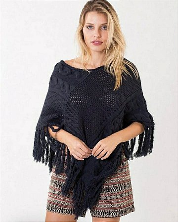 Poncho de Tricot Mini de Sobrepor com Franjas