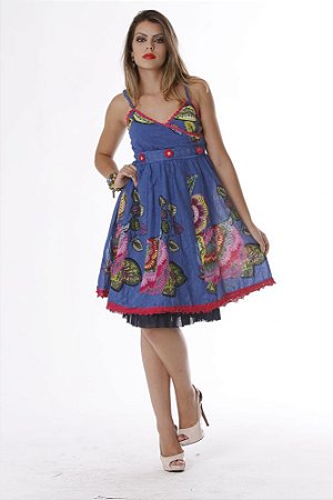 Vestido Feminino Floral de Alcinhas com Bordados e Apliques