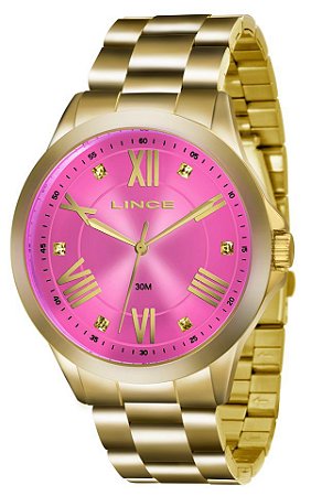 Relógio Lince Dourado Com Mostrador Rosa