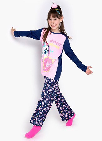 PIJAMA ML TEEN VISCO LHAMA SPACE AZUL MARINHO - PUKET