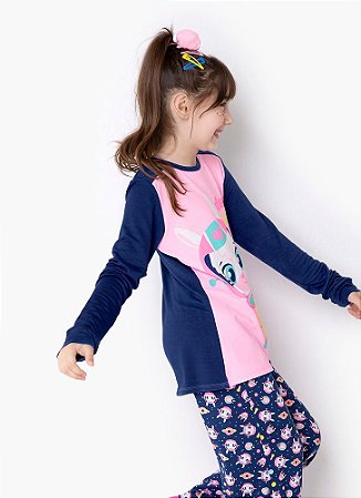 PIJAMA ML KIDS VISCO LHAMA SPACE AZUL MARINHO - PUKET