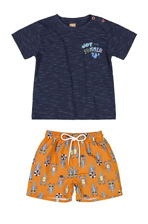 CONJUNTO CAMISETA MALHA E BERMUDA MICROFIBRA AZUL ESCURO - UP BABY