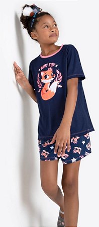 SHORT DOLL TEEN VISCO ECO RAPOSA FAM AZUL MARINHO - PUKET