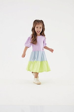 VESTIDO MANGA CURTA EM RIBANA E MEIA MALHA 153412 LILAS ORQUIDEA UP BABY