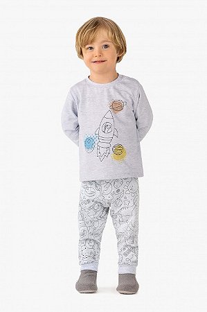 PIJAMA MOLETINHO DINOS ESPACIAIS CINZA MESCLA DEDEKA