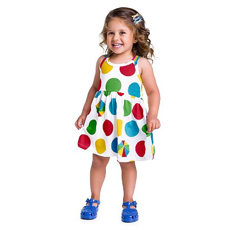 VESTIDO INFANTIL BRANCO COM BOLAS COLORIDAS KYLY