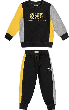 CONJUNTO .BLUSAO+CALCA MOLETOM PRETO AMARELO E CINZA CHARPEY