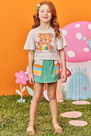 CONJUNTO INFANTIL BLUSA BOXY E SHORT SAIA VERDE URSO KUKIE