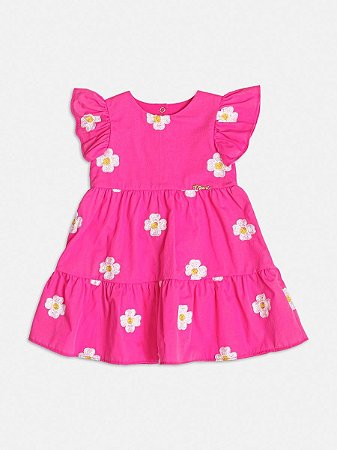 VESTIDO INFANTIL BORDADOS FLOR ROSA NEON MOMI