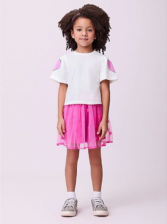 CONJUNTO INFANTIL BLUSA OFF E SAIA PINK MOMI