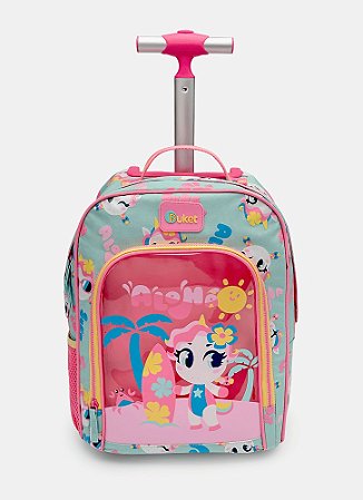 MOCHILA COM RODINHA PEQUENA UNICORNIO ALOHA VERDE AGUA PUKET
