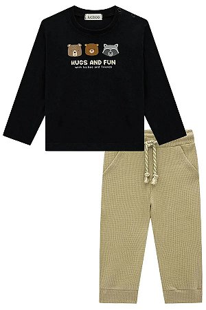 CONJUNTO INFANTIL CAMISETA MANGA LONGA PRETA E CALCA CAQUI LUC.BOO