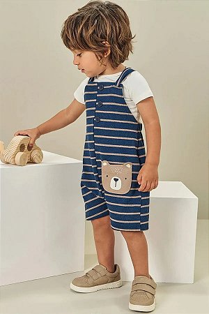 CONJUNTO DE BODY EM COTTON E JARDINEIRA EM MALHA LISTRADO OFF LUC.BOO