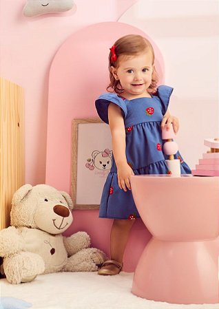 VESTIDO BORDADO MORANGOS AZUL MOMI