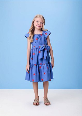 VESTIDO BORDADO MORANGOS AZUL MOMI