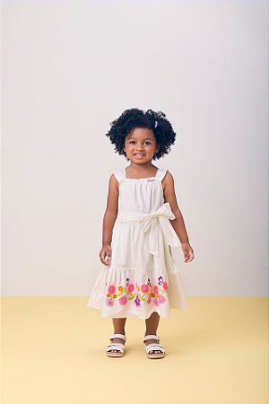 VESTIDO COM BORDADO FLORES OFF WHITE MOMI