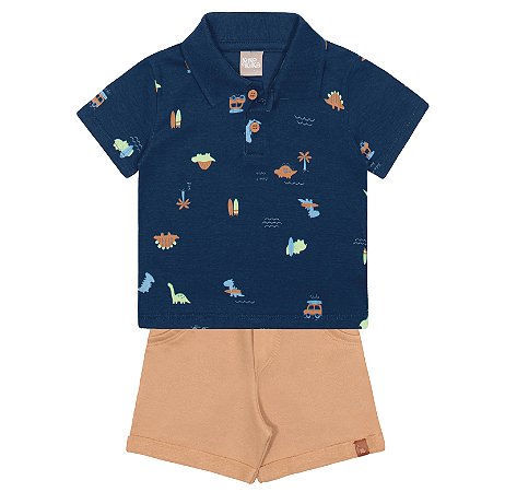 CONJUNTO POLO MANGA CURTA E BERMUDA DINO SURF KIKO BABY