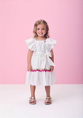 VESTIDO TRICOLINE COM CEREJAS OFF WHITE MOMI