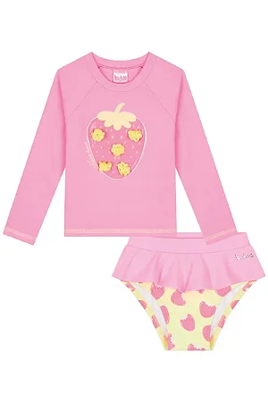CONJUNTO EM MALHA COM PROTEÇÃO UV50+ ROSA NEON KUKIÊ