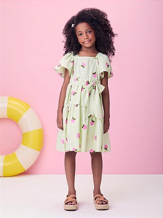 VESTIDO VERDE CLARO LISTRADO BORDADO MAÇÃS MOMI