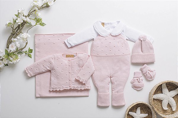 KIT SAÍDA DE MATERNIDADE BABY GIRL JARDINEIRA ROSA CLARO RN ARCOBALENO