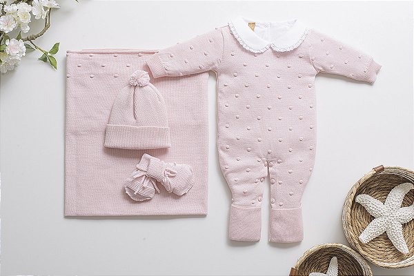 KIT SAÍDA DE MATERNIDADE BABY GIRL MACACÃO ROSA CLARO RN ARCOBALENO