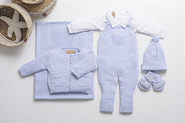 KIT SAÍDA MATERNIDADE BABY BOY JARDINEIRA URSO AZUL RN ARCOBALENO