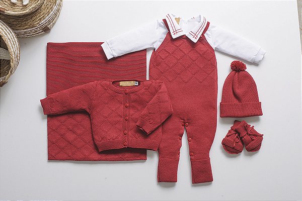 KIT SAÍDA DE MATERNIDADE BABY BOY JARDINEIRA VERMELHA RN ARCOBALENO