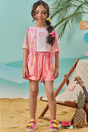 CONJUNTO REGATA, SHORTS E KIMONO ROSA NEON KUKIÊ