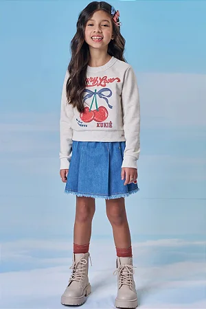 CONJUNTO BLUSÃO BOXY E SAIA JEANS KUKIÊ