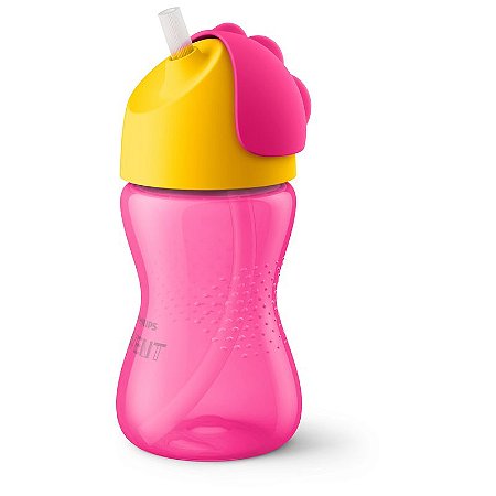 Copo Dinossauro com Canudo Curvado 300ml Avent Rosa e Amarelo SCF798/02 - Philips Avent