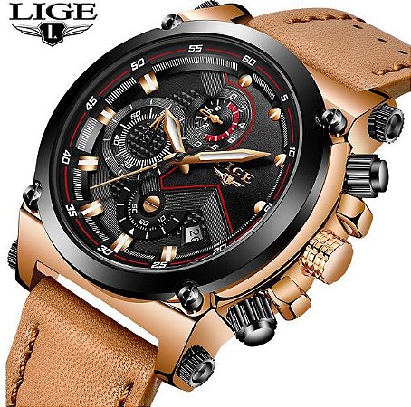 Relógio Dourado LIGE LIGE9856 - Pulseira de Couro - Relógio Da Hora