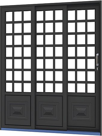 Porta De Correr 3 Folhas (1 Fixa) Quadriculadas Em Aço Com Fechadura Sem Vidro Req. 14 Cm - Gerotto Ouro